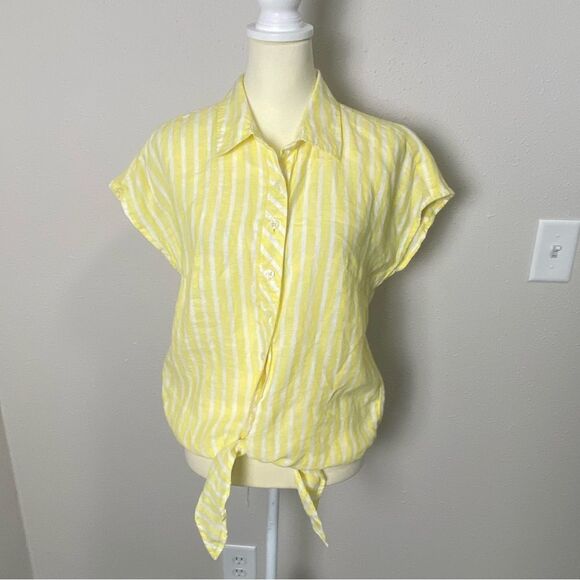 Talbots LINEN TIE HEM BUTTON FRONT TOP - SEASHORE STRIPE Women's Size Small - Picture 12 of 14